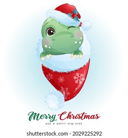 Cute doodle dinosaur for merry christmas illustration