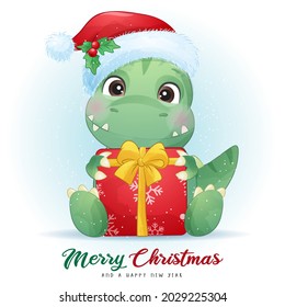 Cute doodle dinosaur for merry christmas illustration