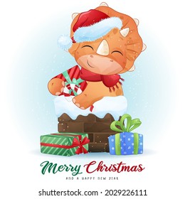 Cute doodle dinosaur for merry christmas illustration