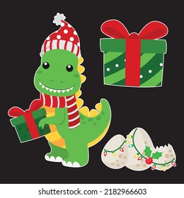 Cute doodle dinosaur for merry christmas illustration on black background.