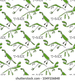 Cute doodle dinosaur seamless pattern. Child drawing style. Design element for textile print and fun greeting cards.