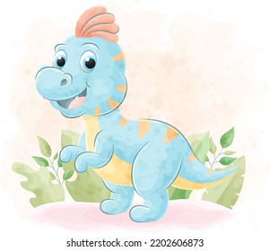Cute doodle Dinosaur with watercolor illustration