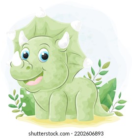 Cute doodle Dinosaur with watercolor illustration