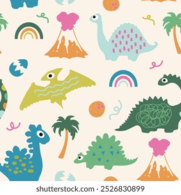 Lindos dinosaurios doodle sin patrón. Fondo de Vector para niños.	