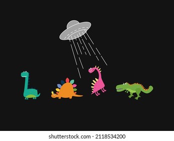 Cute doodle dinosaurs and UFOs. Flat vector illustration for t-shirt prints, posters and other uses.