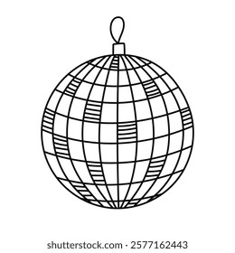 Cute doodle disco ball with sparking mirror as symbol of 70s. Outline mirror pop disco ball for party, dancing. Nostalgia for vintage, disco aesthetic, 1970s vibes. Hand drawn clipart isolated.