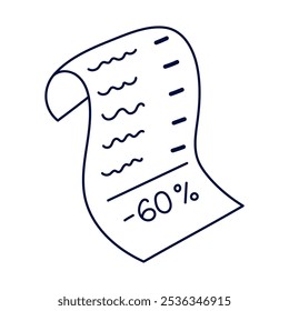 Cute doodle discount receipt showcasing a percentage. Hand drawn check for shopping with big sale isolated on white background. Black Friday, savings and price off concept. Flat clipart of bill.