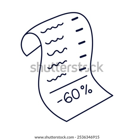 Cute doodle discount receipt showcasing a percentage. Hand drawn check for shopping with big sale isolated on white background. Black Friday, savings and price off concept. Flat clipart of bill.