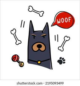 Cute doodle doberman dog with toy bones and paw marks. Funny hand drawn vector illustration
