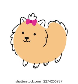 Cute Doodle Dog. Colorful sticker or icons with fluffy Pomeranian. Spitz with pink bow. Charming beautiful animal. Funny smiling pet. Cartoon flat vector illustration isolated on white background