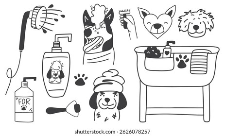 Cute doodle dog grooming set. Pets washing. Vector illustration.Pets washing. Vector illustration. 