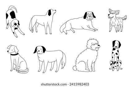 Cute doodle dog. Outlined black puppies in various positions. Hand drawn playing, running and lying. Adorable animal friends of different breeds. Domestic animals isolated vector set