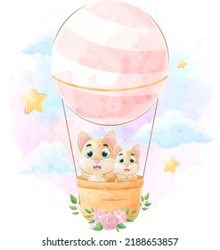 Cute doodle Dog riding a hot air balloon with watercolor illustration