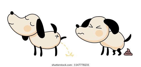 Cute Doodle Dog Shits And Pisses. Cartoon Vector Illustration