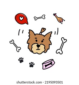 Cute doodle dog with toy bones and paw marks. Funny hand drawn vector illustration