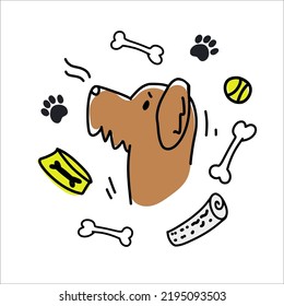 Cute doodle  dog with toy bones and paw marks. Funny hand drawn vector illustration