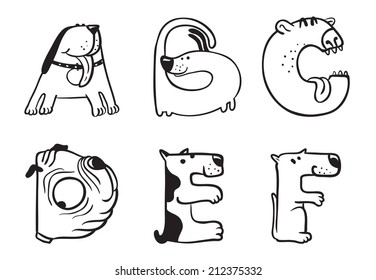 Cute doodle dogs alphabet from A to F