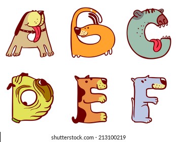 Cute doodle dogs alphabet from A to F