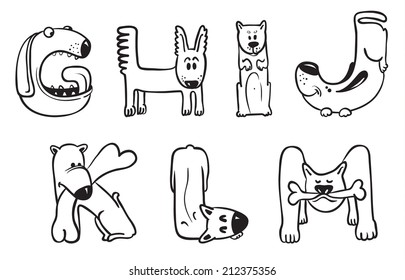 Cute doodle dogs alphabet from G to M