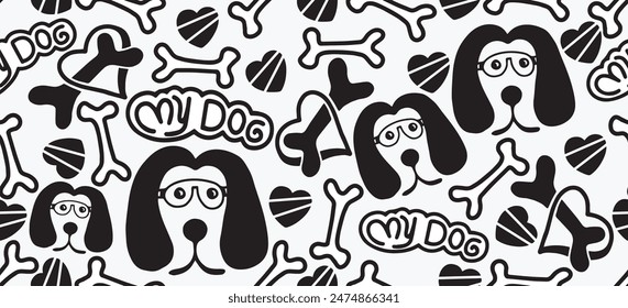 cute doodle dogs and bone seamless pattern background