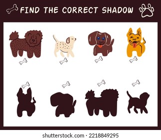 Cute doodle dogs. Find the correct shadow. Educational game for children. Cartoon vector illustration.