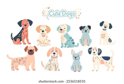 Lindo doodle perros Vector conjunto. Diseño de personajes de dibujos animados en diferentes poses. Conjunto de animales de compañía divertidos aislados sobre fondo blanco. Colección dibujada a mano, dibujos de niños