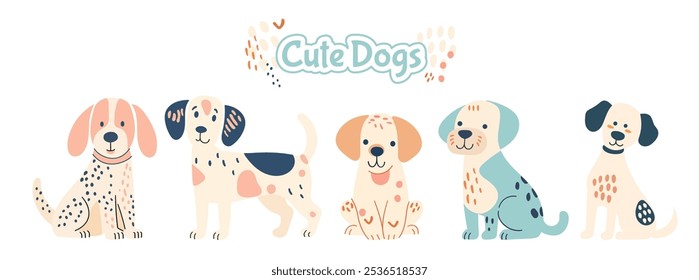 Cute doodle dogs vector set. Cartoon characters design in different poses. Set of funny pet animals isolated on white background. Hand drawn collection, children's drawings