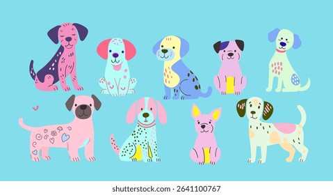 Cute doodle dogs vector set. Cartoon characters design in different poses. Set of funny pet animals isolated on white background. Hand drawn collection, children's drawings
