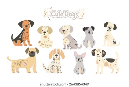 Cute doodle dogs vector set. Cartoon characters design in different poses. Set of funny pet animals isolated on white background. Hand drawn collection, children's drawings