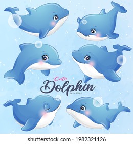 Cute doodle dolphin poses with watercolor illustration set