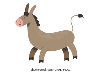 Cute doodle donkey illustration, farm animal with happy face expression, illutrated mascot, vector clipart isolated on white background