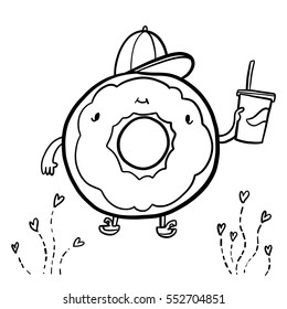 Cute doodle of a donut in a cap with a soda cup