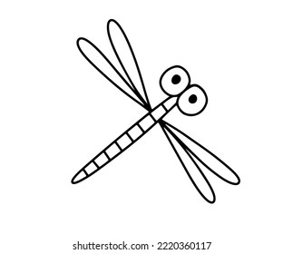 La libélula del doodle lindo aislada en el fondo blanco. Un insecto divertido para los niños. Ilustración vectorial de dibujos animados para libro de colorear
