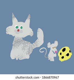 Cute doodle drawing of cat and mouse.