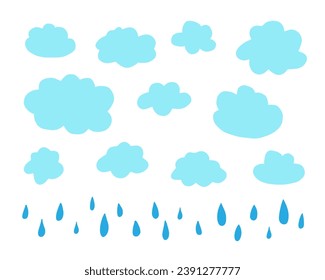 Cute doodle drawing cloud with drops. Blue sky and rain hand drawn style