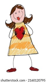 Cute doodle drawing of happy woman or mom holding a heart as a gift.