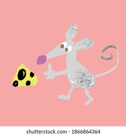 Cute doodle drawing of mouse and cheese.