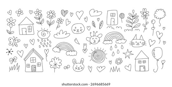 Lindo Doodle Drawing Set Casa dibujada a mano, flores, animales y Elementos de Naturaleza Ilustración vectorial