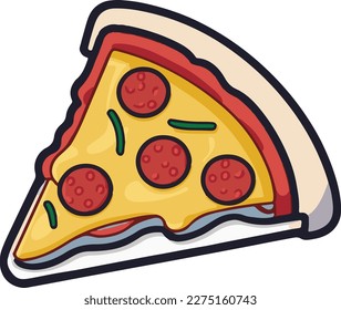 A cute doodle drawing of a slice of pepperoni pizza vector icon art isolated for a pizzeria shop.