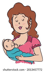 Cute doodle drawing of smiling mom with brown hair, carrying her baby in arms and breastfeeding it with love and care.