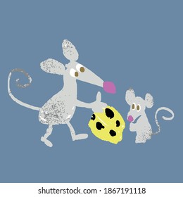 Dibujo de garrapatas de dos ratones comiendo queso. Ilustración del vector EPS 8.