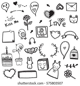 Cute doodle drawing vector set of love concept element on white background