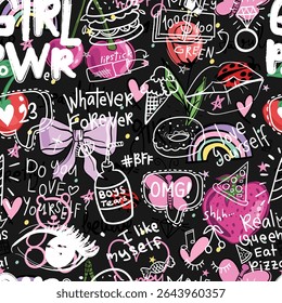 Cute doodle drawings, ribbon bow tie, cherry, strawberry, flower. Seamless pattern repeating texture background. Vector illustration design for fashion graphics, textile prints, wallpapers.