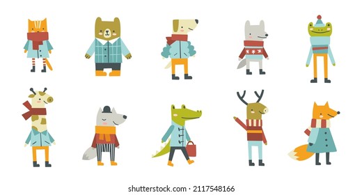 Cute doodle dressed animals set. Collection of cartoon mammals in warm clothes. 