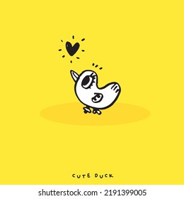 Cute doodle duck , Hand drawn of duck, Hand drawing duck, isolated on yellow background.Cute animal