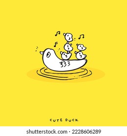 Cute doodle duck , Hand drawn of duck, Hand drawing duck, isolated on yellow background. vector illustration 