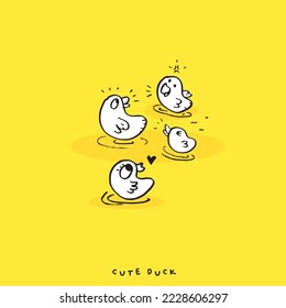 Cute doodle duck , Hand drawn of duck, Hand drawing duck, isolated on yellow background. vector illustration 