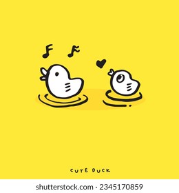 Geräumige Doodle-Ente , handgezeichnet von Ente, handgezeichnete Ente einzeln auf gelbem Hintergrund. Vektorgrafik 