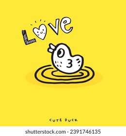 Cute doodle duck , Hand drawn of duck, Hand drawing duck, isolated on yellow background. vector illustration 