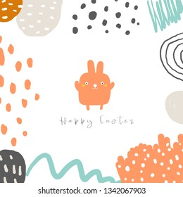 Cute doodle easter card, postcard, tag, poster with rabbit and abstract elements. Funny holiday pink bunny background in childish style